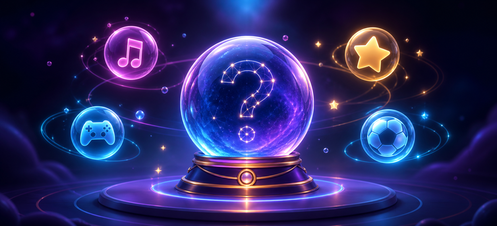 Esfera de cristal rodeada por símbolos de música, jogos e esporte