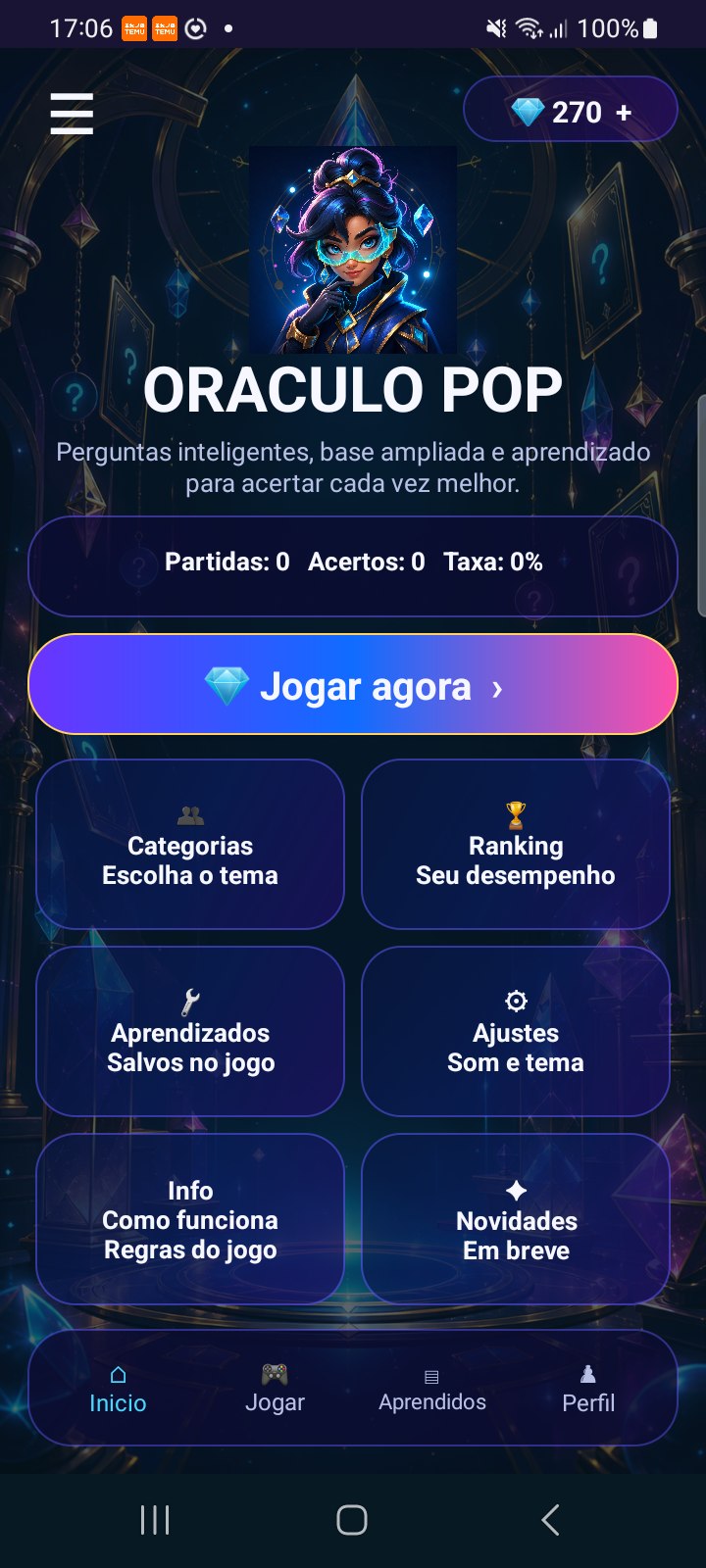 Tela inicial do Oráculo Pop