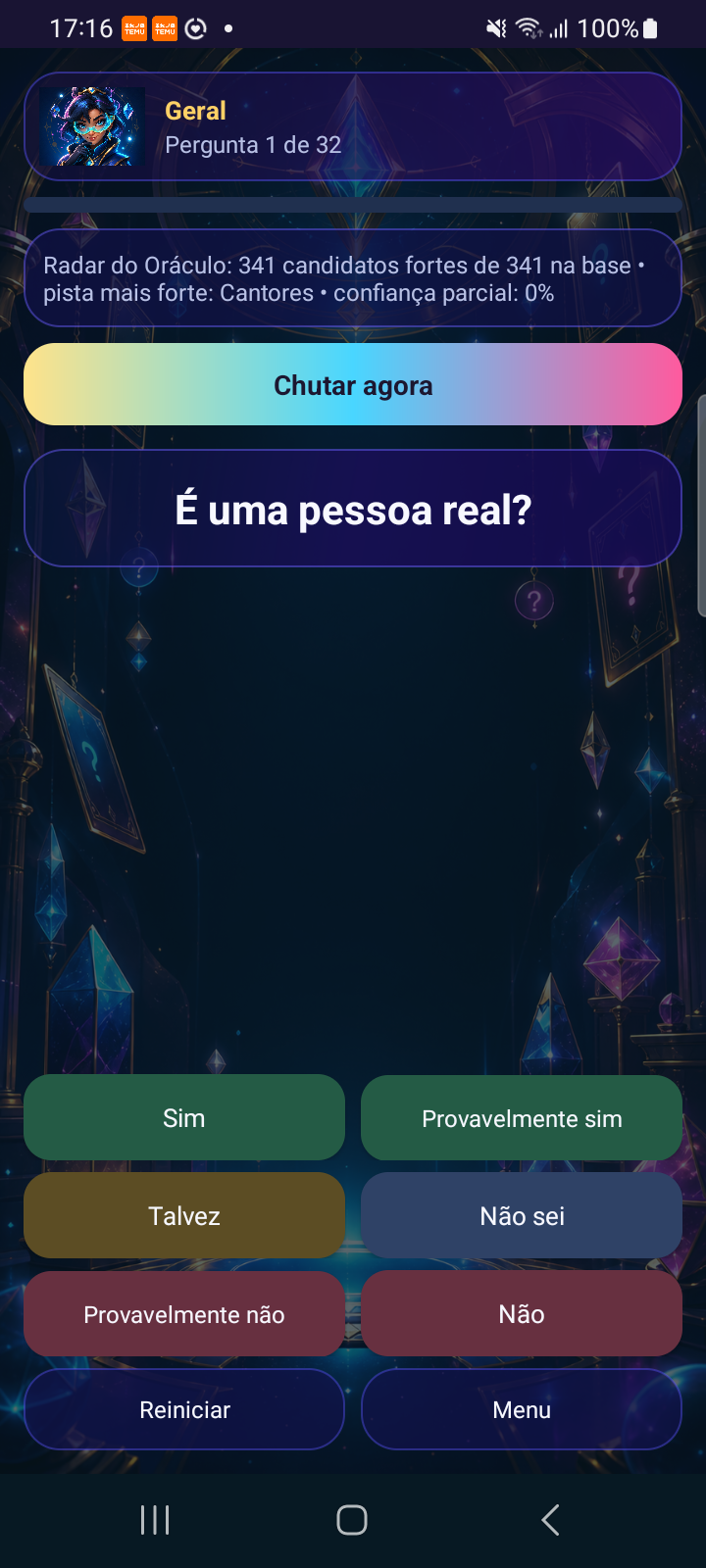 Partida do Oráculo Pop com pergunta e opções de resposta