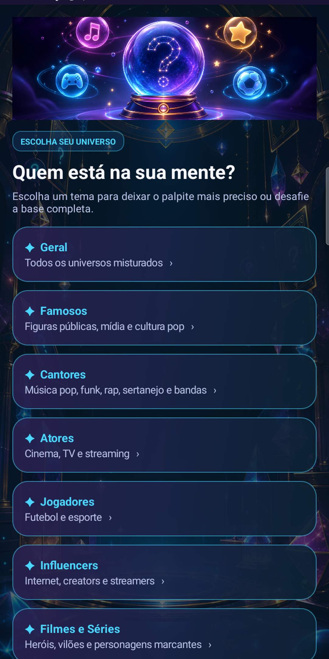 Tela de seleção de categorias