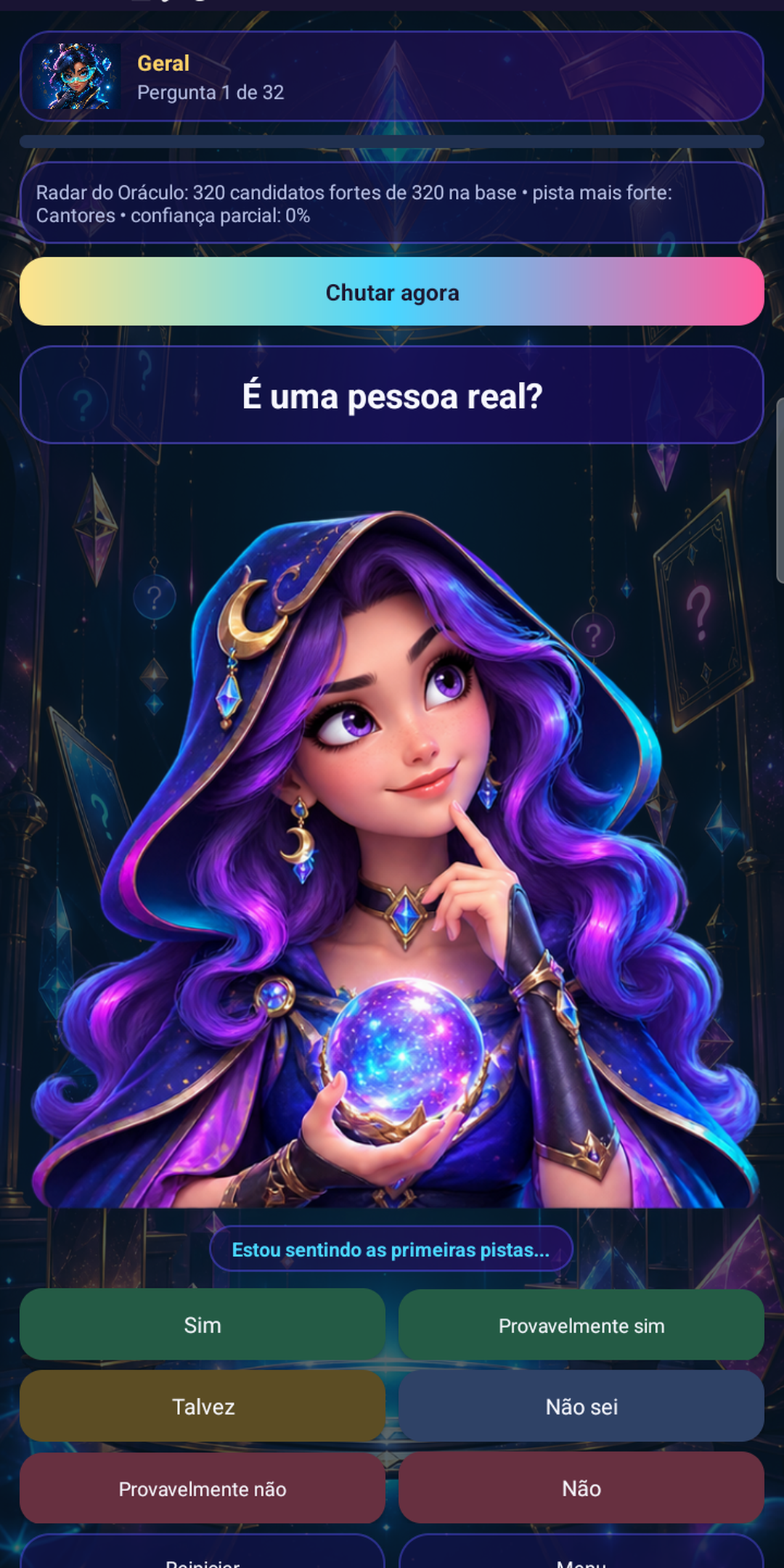 Tela de pergunta com a Oraculista